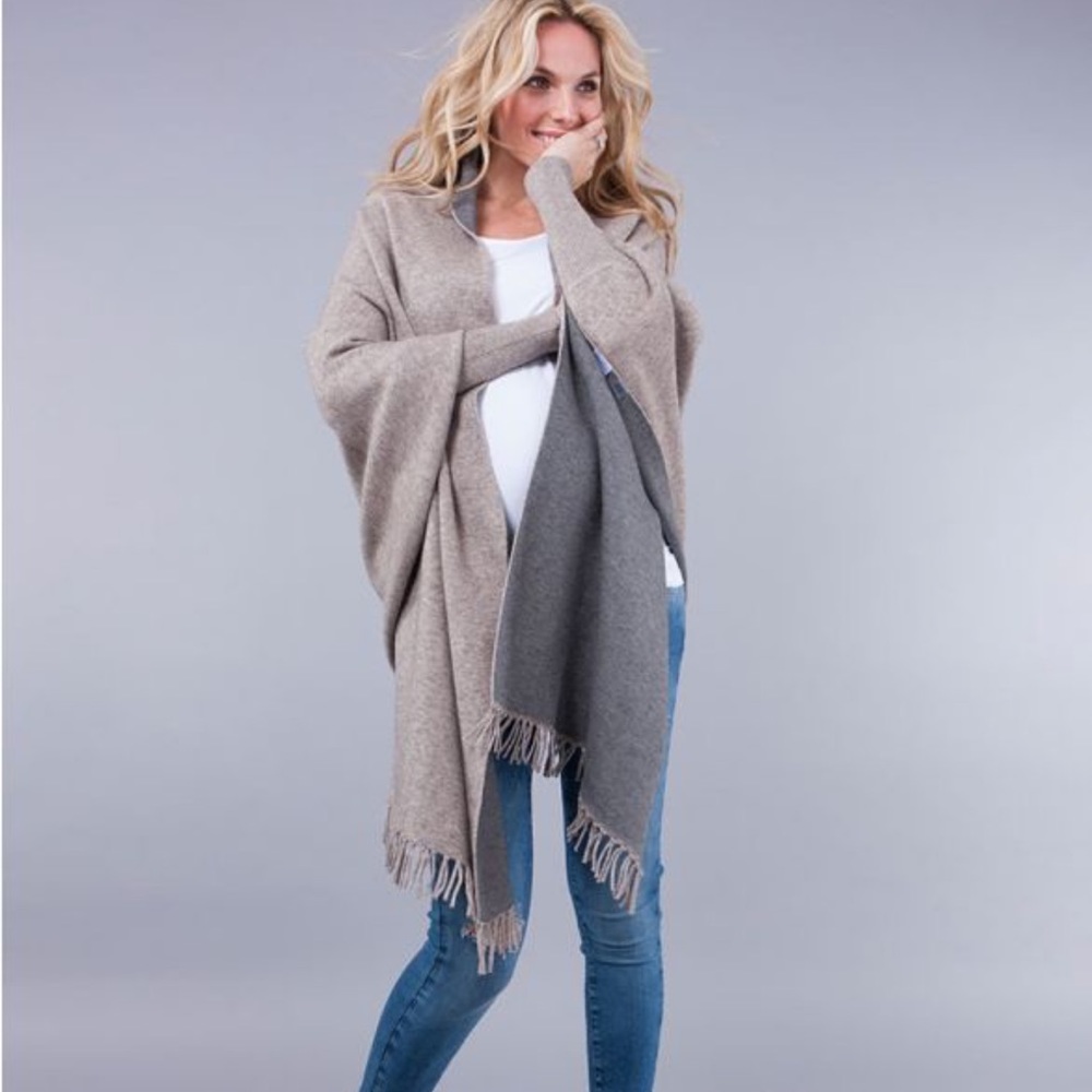 Seraphine Reversible Fringe Wrap Cape in Beige and Gray